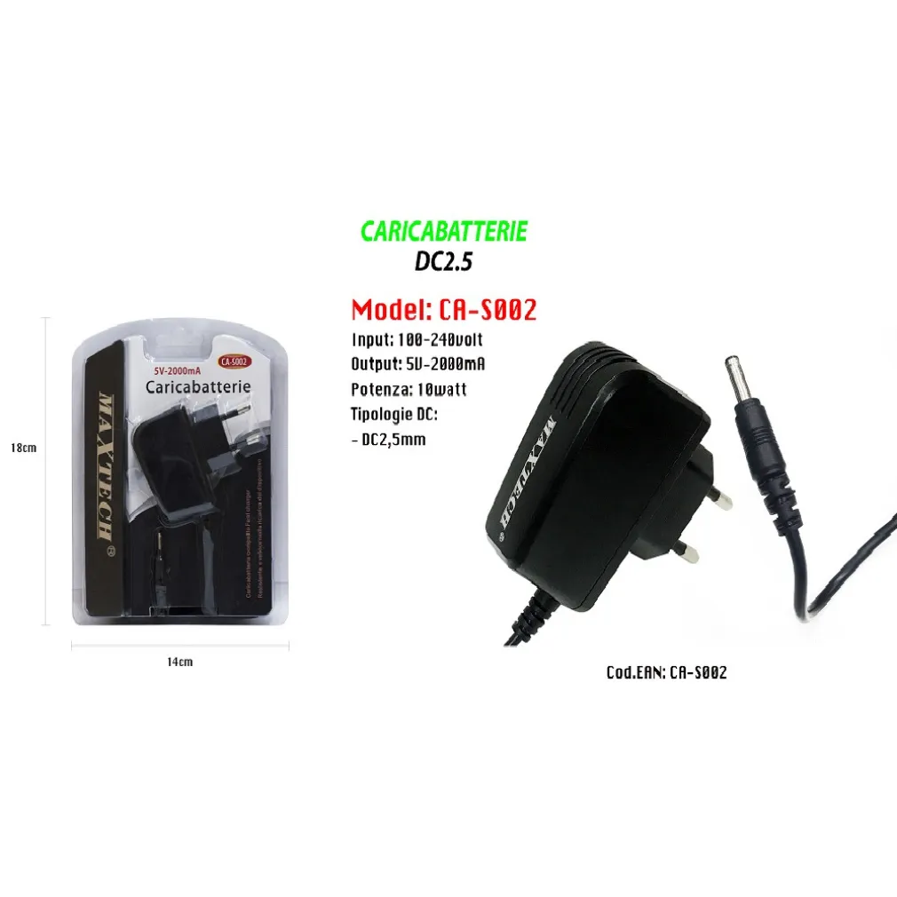 CARICABATTERIE COMPATTO FAST CHARGER DC 2.5 MM 5VOLT-2000MA 10WATT MAXTECH CA-S002