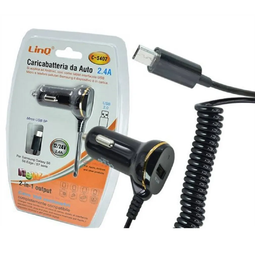 CARICABATTERIE DA AUTO CAVO MICRO USB 150CM 12/24V 2.4A TABLET CELLULARI C-S407