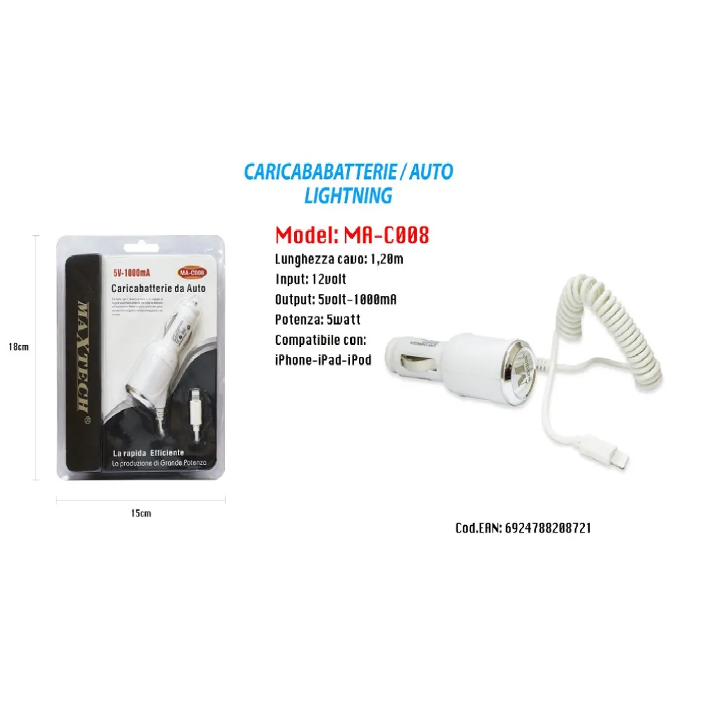 CARICABATTERIE DA AUTO MAXTECH USB CELLULARE SMARTPHONE 5V-1000MA MA-C008