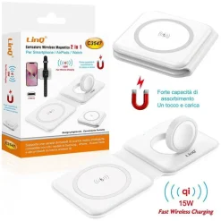 CARICABATTERIE WIRELESS MAGNETICO 15W 2IN1 QI SMARTPHONE AIRPODS SMARTWATCH C3547