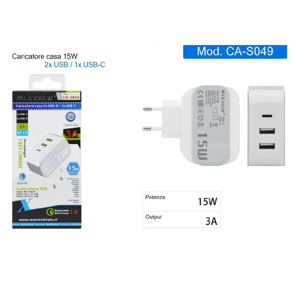CARICATORE PARETE CASA DOPPIA PORTA USB 1X USB-C TYPE-C RICARICA 15W 3A CA-S049