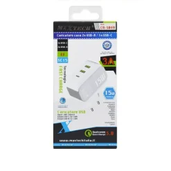 CARICATORE PARETE CASA DOPPIA PORTA USB 1X USB-C TYPE-C RICARICA 15W 3A CA-S049