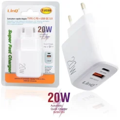 CARICATORE RAPIDO DOPPIO TYPE C PD + USB QC 3.0 SUPER FAST CHARGER 20W T-8S99