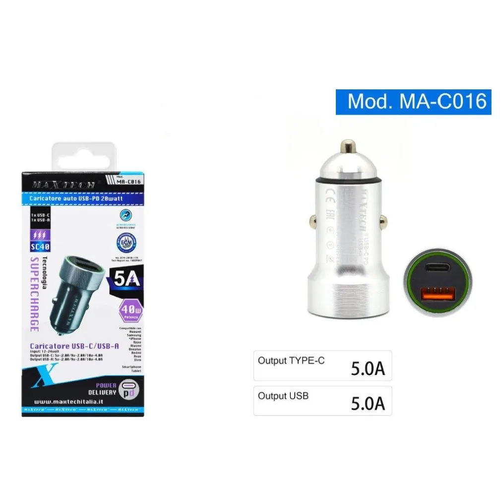 CARICATORE TYPE-C/USB-A 5A CARICABATTERIA PER AUTO POTENZA EROGAZIONE PD MA-C016