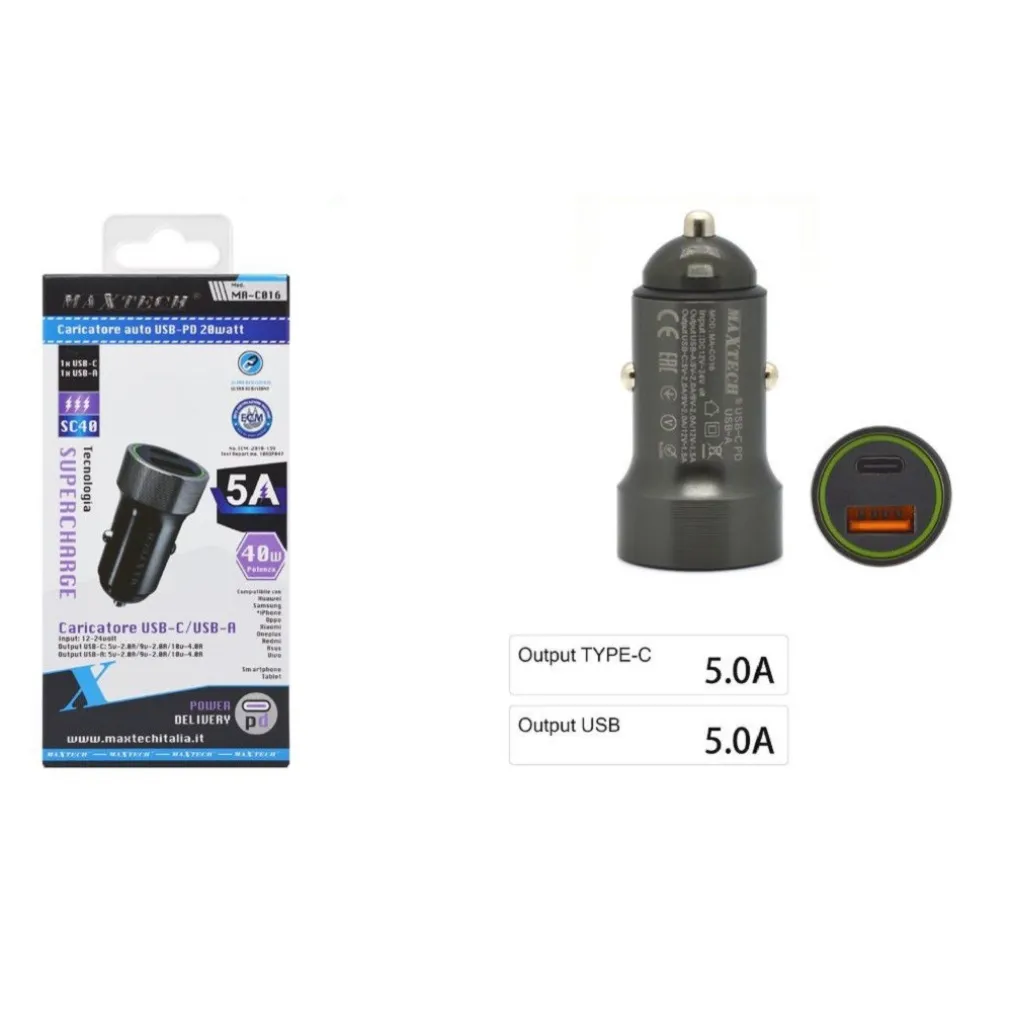 CARICATORE TYPE-C/USB-A 5A CARICABATTERIA PER AUTO POTENZA EROGAZIONE PD MA-C016