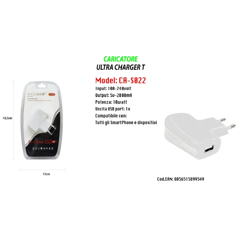 CARICATORE USB A PRESA SPINA RICARICA SMARTPHONE DISPOSITIVI 5V-2000MA MAXTECH CA-S022