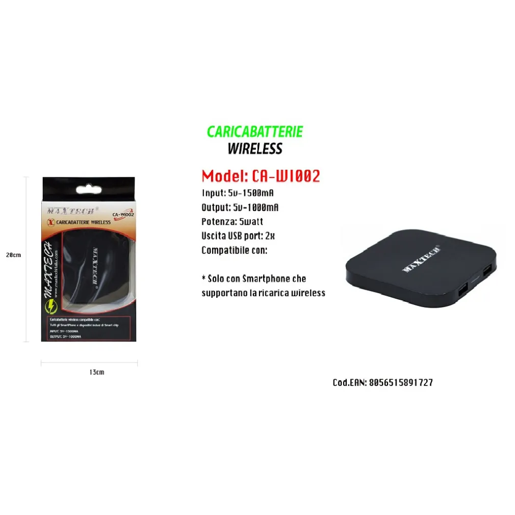 CARICATORE WIFI RICARICA WIRELESS SMARTPHONE PORTATILE 5V-1500MA MAXTECH CA-WI002