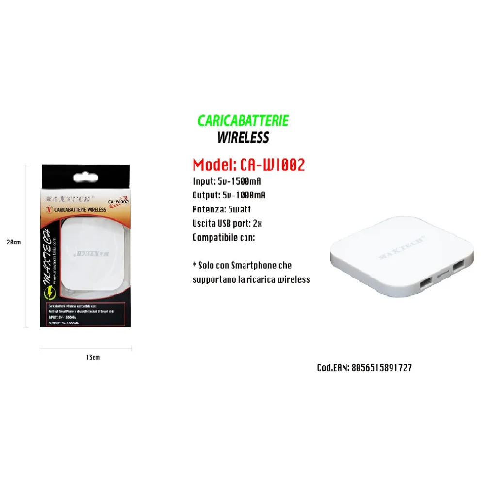 CARICATORE WIFI RICARICA WIRELESS SMARTPHONE PORTATILE 5V-1500MA MAXTECH CA-WI002