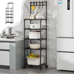 CARRELLO PORTAOGGETTI A 5 RIPIANI SCAFFALE MULTIUSO CON RUOTE GANCI PER CUCINA BAGNO NERO