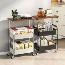 CARRELLO PORTAOGGETTI A 3 LIVELLI SCAFFALE MOBILE ORGANIZZATORE SCORREVOLE PIANO IN LEGNO