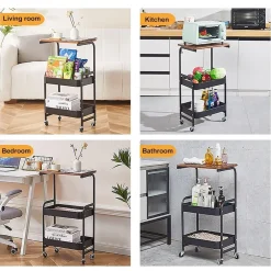 CARRELLO PORTAOGGETTI A 3 LIVELLI SCAFFALE MOBILE ORGANIZZATORE SCORREVOLE PIANO IN LEGNO