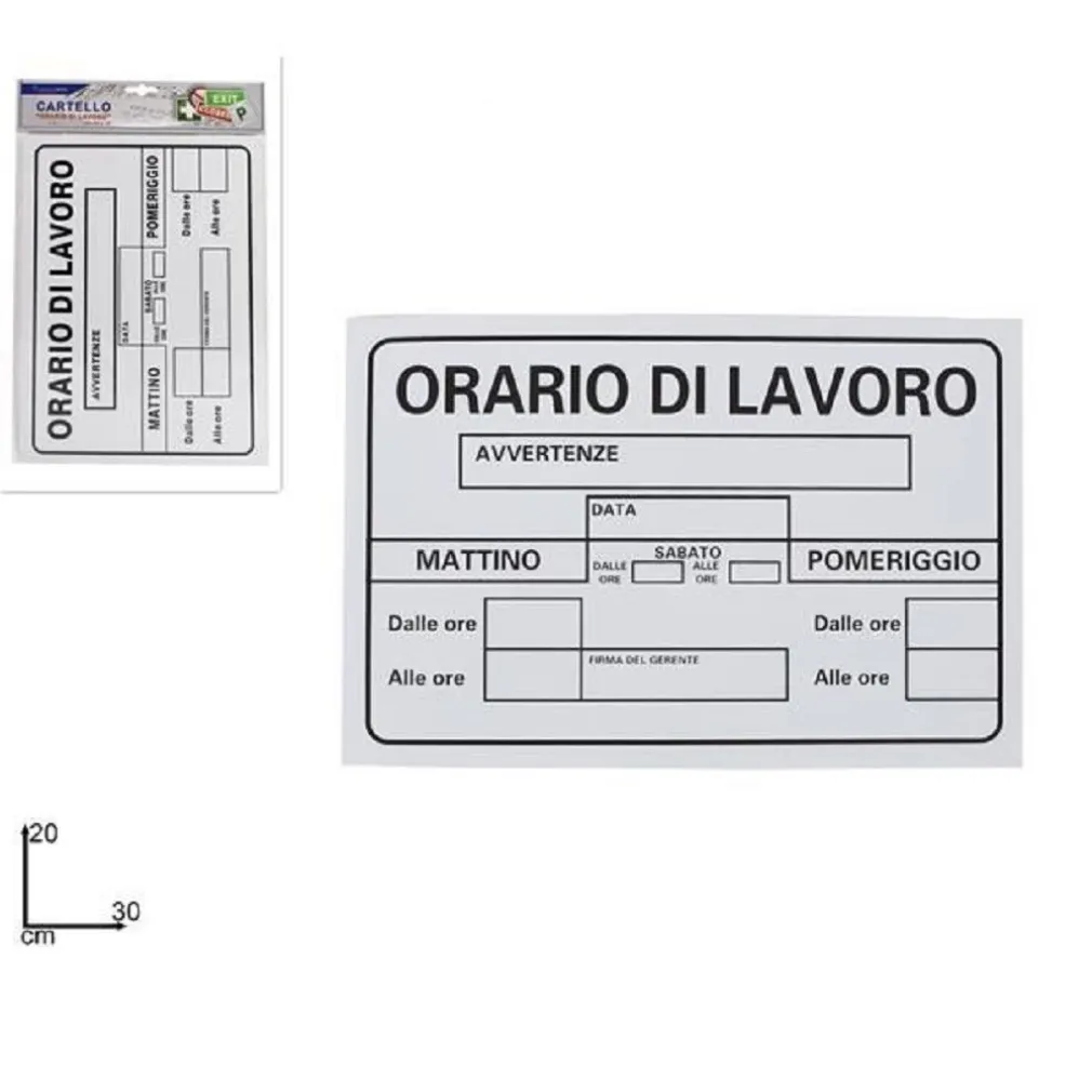 CARTELLO TARGA IN PVC 30 X 20 CM ORARIO DI LAVORO UFFICIO ATTIVITA' SEGNALETICA