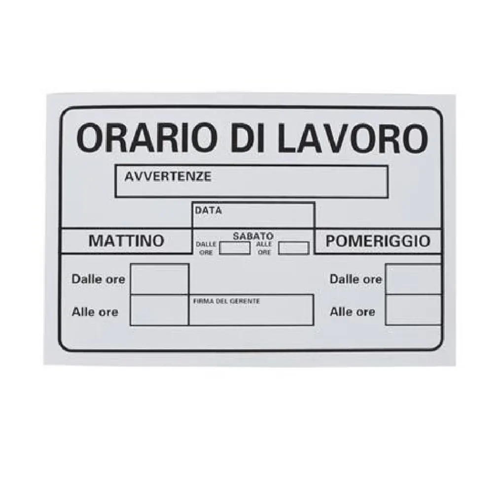 CARTELLO TARGA IN PVC 30 X 20 CM ORARIO DI LAVORO UFFICIO ATTIVITA' SEGNALETICA
