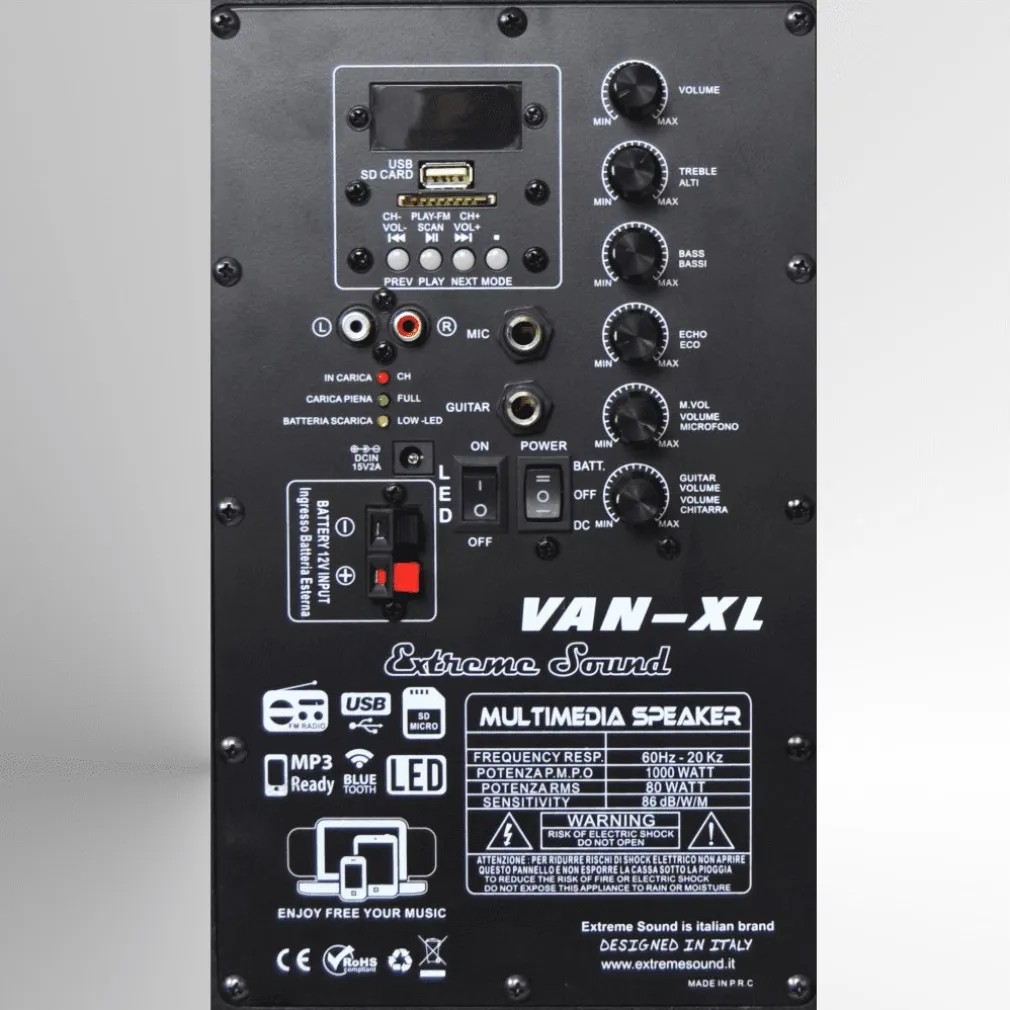 CASSA AUDIO PORTATILE BATTERIA WOOFER 15" USB MP3 MICROFONO EXTREME SOUND VAN-XL