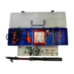 CASSETTA COMPLETA KIT CANNA DA PESCA MULINELLO ESCHE ARTIFICIALI GALLEGGIANTE