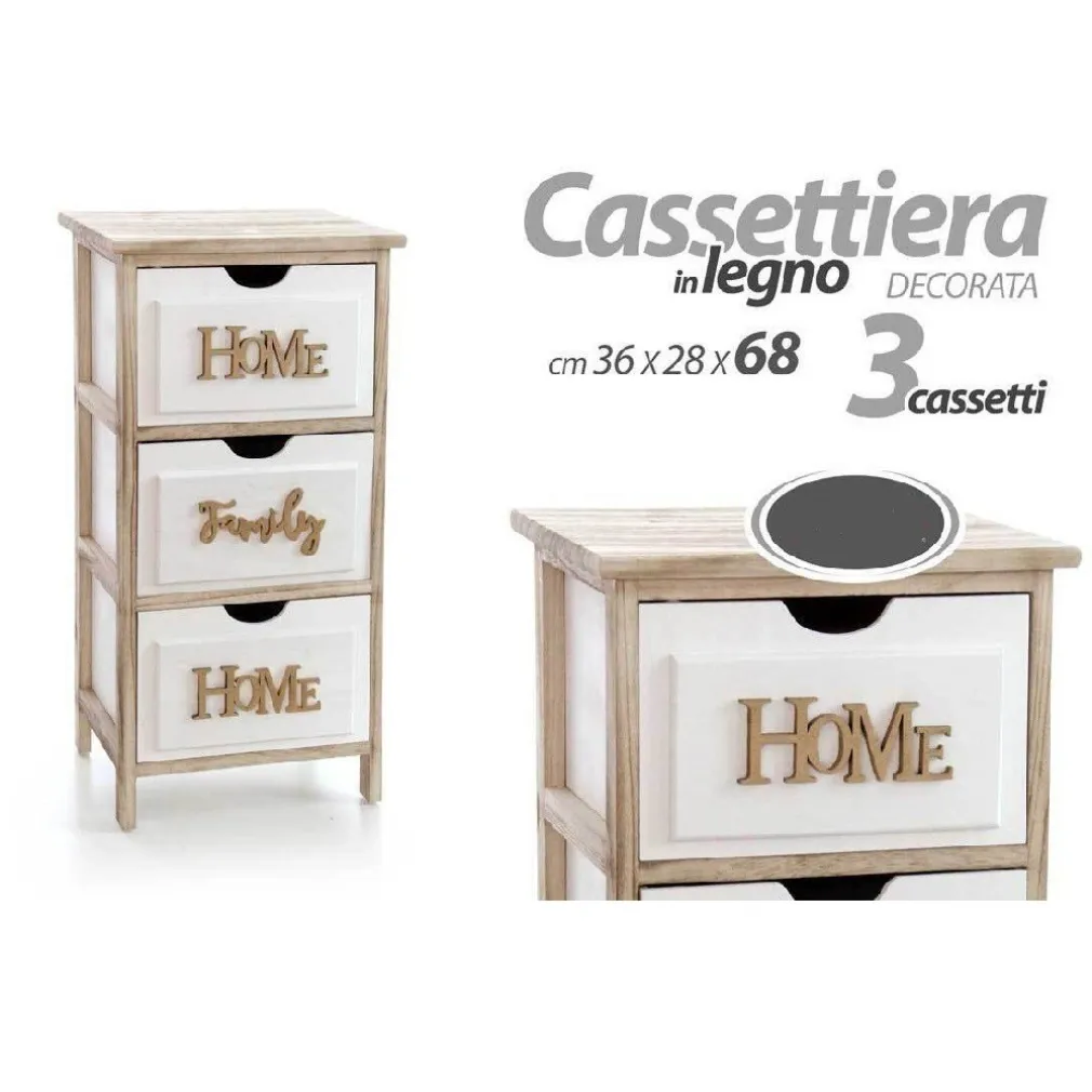 CASSETTIERA 3 CASSETTI HOME BIANCA IN LEGNO COMODINO MODERNO 68X36X28 CM 805684