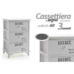 CASSETTIERA 3 CASSETTI 60X40X31CM COMODINO HOME BIANCO LEGNO MODERNA MULTIUSO
