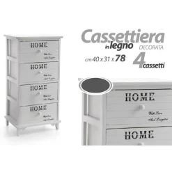CASSETTIERA 4 CASSETTI 78X40X31CM COMODINO HOME BIANCO LEGNO SHABBY MULTIUSO
