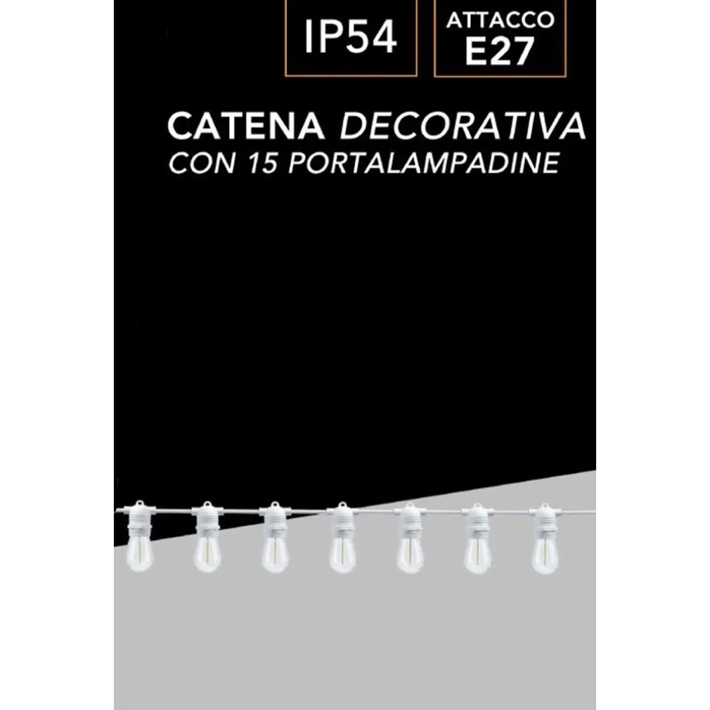 CATENA LUMINOSA CON 15 PORTALAMPADA E27 LUCI DECORATIVE PROLUNGABILE IP54 P01-S01-15