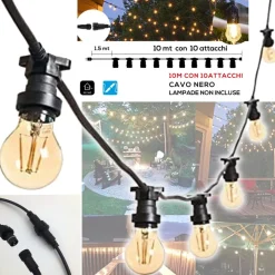 CATENA LUMINOSA LED CATENARIA CON 10 PORTALAMPADE E27 10MT PROLUNGABILE IP54