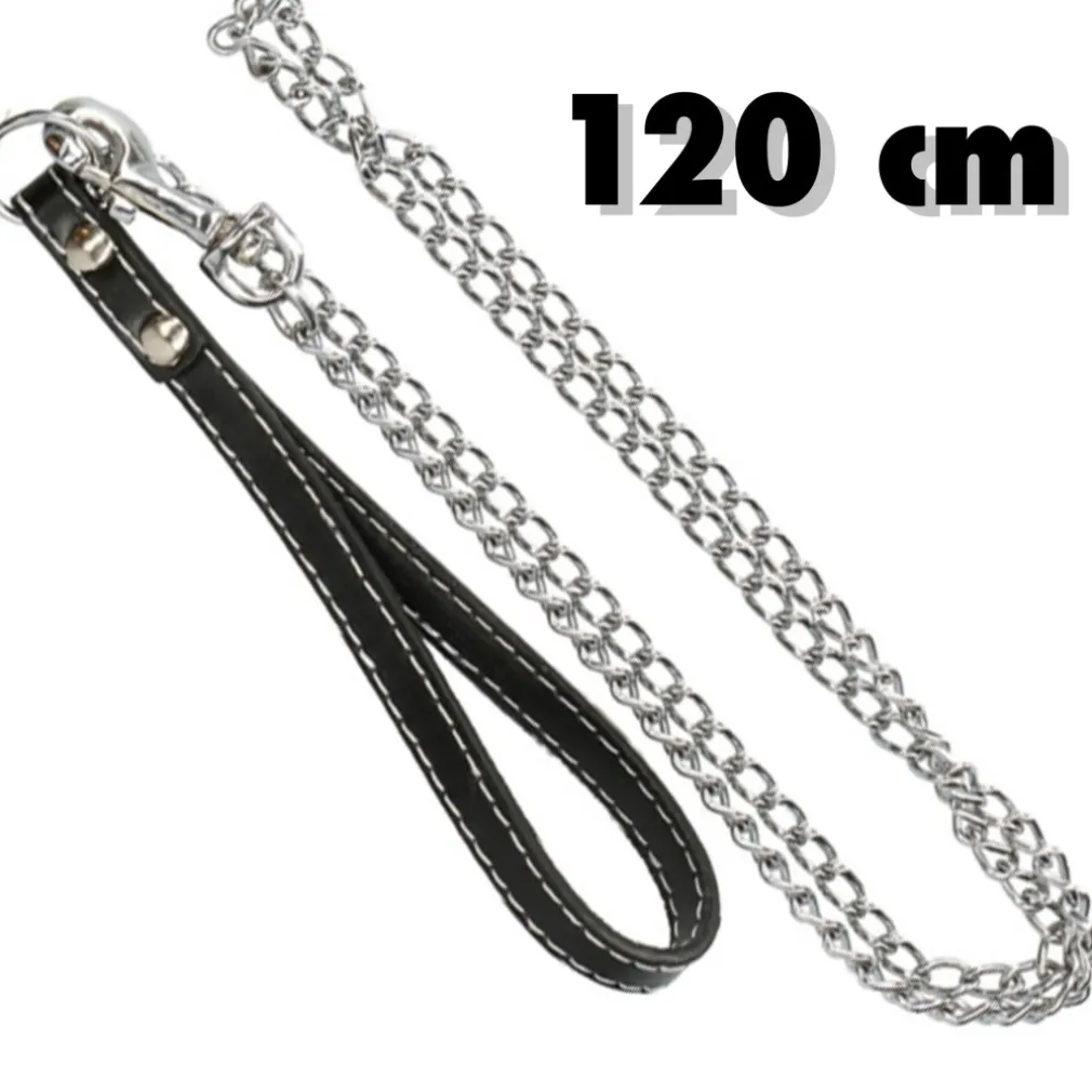CATENA PER CANE GUINZAGLIO CANI 120CM CON GANCIO ACCIAIO E MANIGLIA IN CUOIO