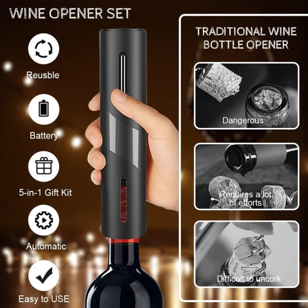 CAVATAPPI ELETTRICO VINO SET APRIBOTTIGLIE 5IN1 RICARICA USB TAGLIAPASTA TAPPO VERSATORE