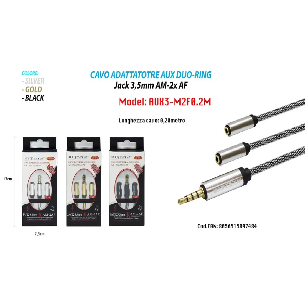 CAVI AUDIO AUX JACK 3,5MM PER SMARTPHONE SPLITTER ADATTATORE MAXTECH 2M AUX3-M2F0.2M