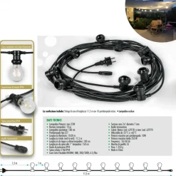 CAVO 10 METRI CON 10 PORTALAMPADA E27 SPINA SCHUKO PER ESTERNO CORDONIERA GAZEBO