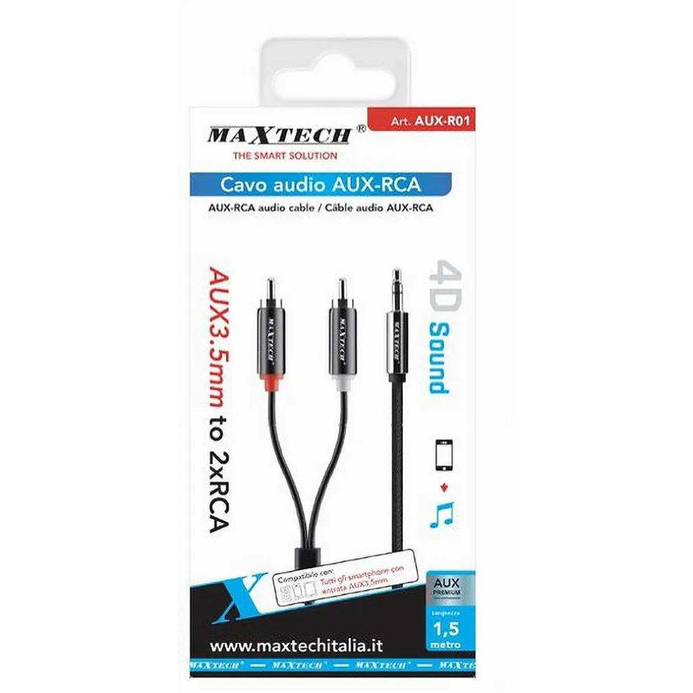 CAVO AUDIO DA AUX 3,5MM A 2XRCA MASCHIO STEREO ADATTATORE 1.5MT 4D SOUND AUX-R01
