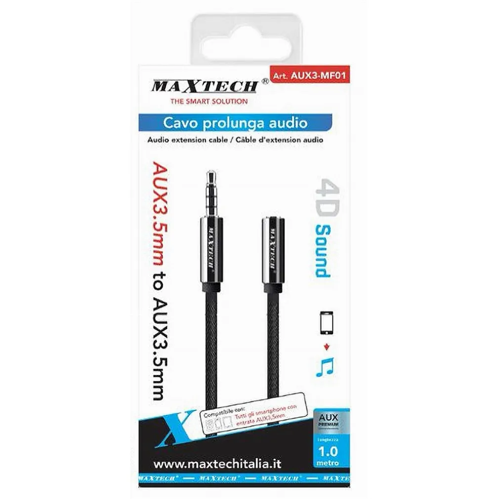 CAVO AUDIO JACK AUX 3,5 MM DA MASCHIO A FEMMINA AM/AF 1 METRO PROLUNGA AUX3-MF01