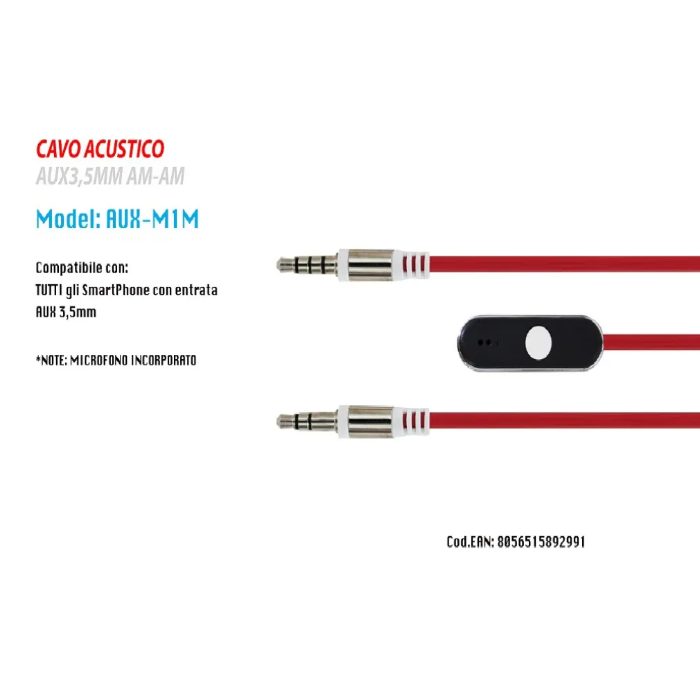CAVO AUDIO 3,5MM AUX STEREO CON MICROFONO INCORPORATO PER SMARTPHONE 1MT MAXTECH AUX-M1M