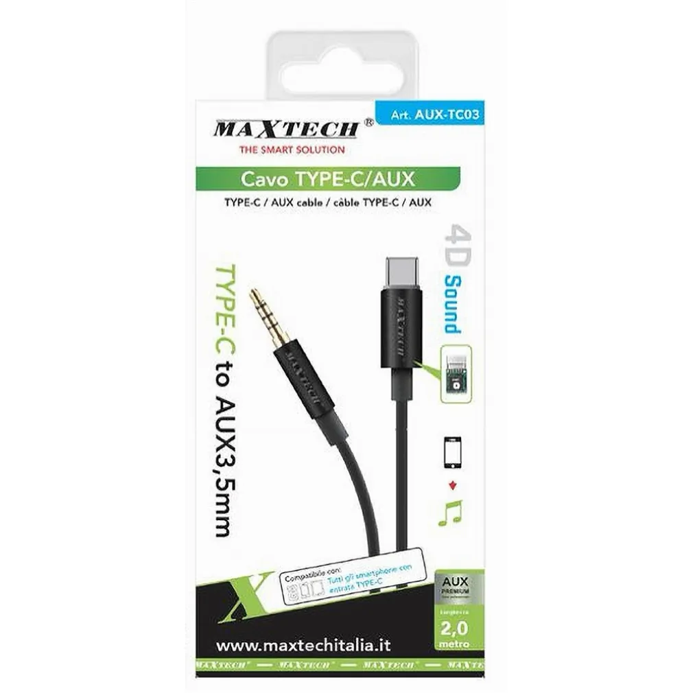 CAVO AUDIO TYPE-C/JACK AUX3,5MM 2MT 4D SOUND DAC CHIP CUFFIE SMARTPHONE AUX-TC03