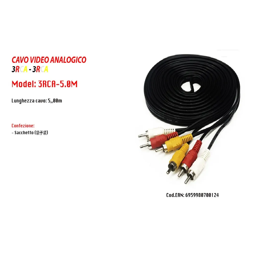 CAVO AUDIO VIDEO ANALOGICO PROLUNGA DA 5 METRI 3 RCA-3RCA MASCHIO MASCHIO