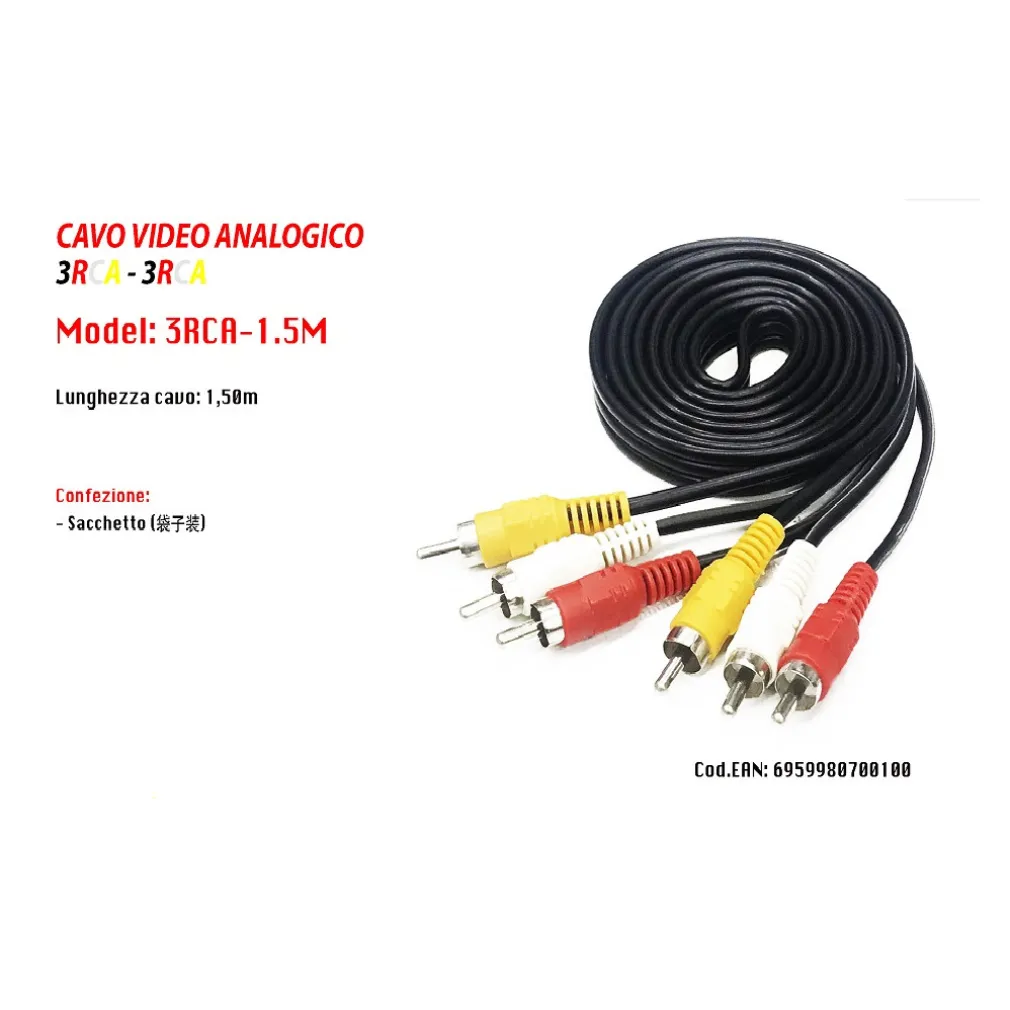CAVO AUDIO VIDEO ANALOGICO 3 X RCA MASCHIO-MASCHIO 1,5 METRI MAXTECH 3RCA-1.5M