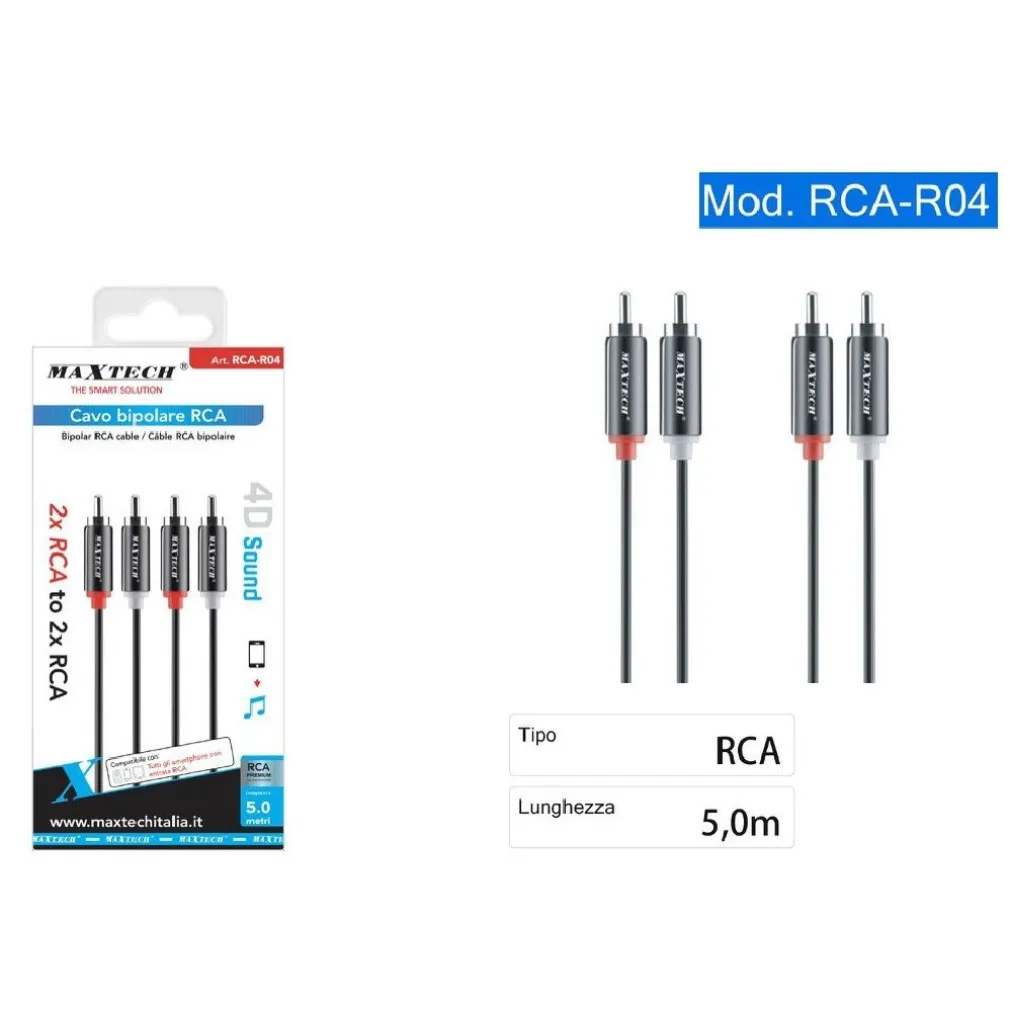 CAVO BIPOLARE RCA AUDIO VIDEO STEREO 2 X RCA MASCHIO / MASCHIO 5 METRI RCA-R04