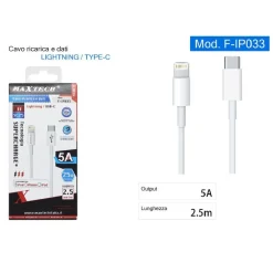 CAVO DATI RICARICA LIGHTNING A TYPE-C 5A SUPER CARICA IPHONE IPAD 2.5 MT F-IP033