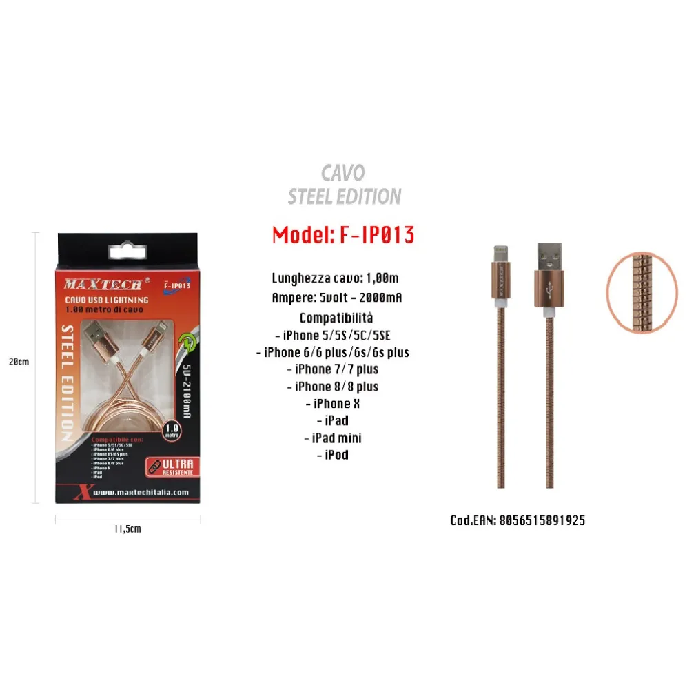 CAVO DI RICARICA PER IPHONE IPAD 5VOLT-2000MA 1MT ALTA VELOCITÀ USB MAXTECH F-IP013