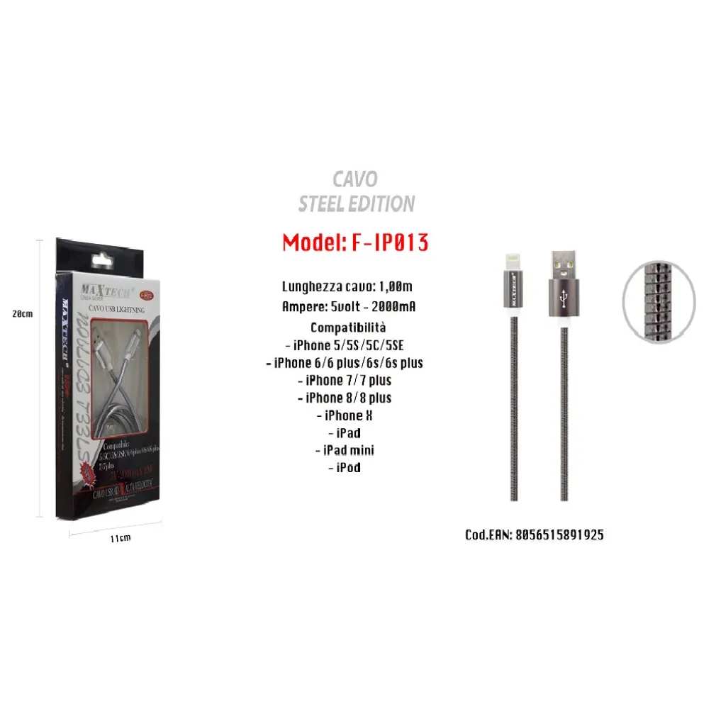 CAVO DI RICARICA PER IPHONE IPAD 5VOLT-2000MA 1MT ALTA VELOCITÀ USB MAXTECH F-IP013