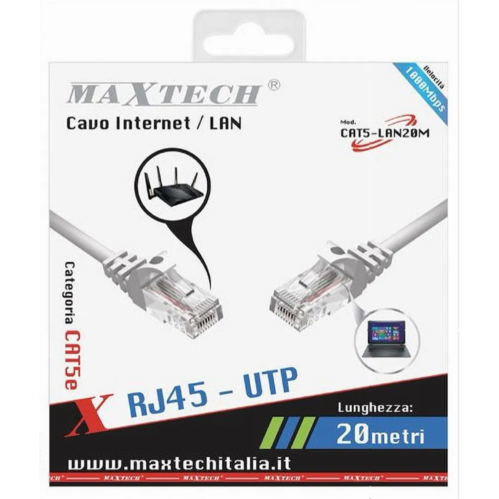 CAVO ETHERNET RETE LAN INTERNET RJ45 CAT5 20 METRI MODEM FILO PROLUNGA CAT5-20M