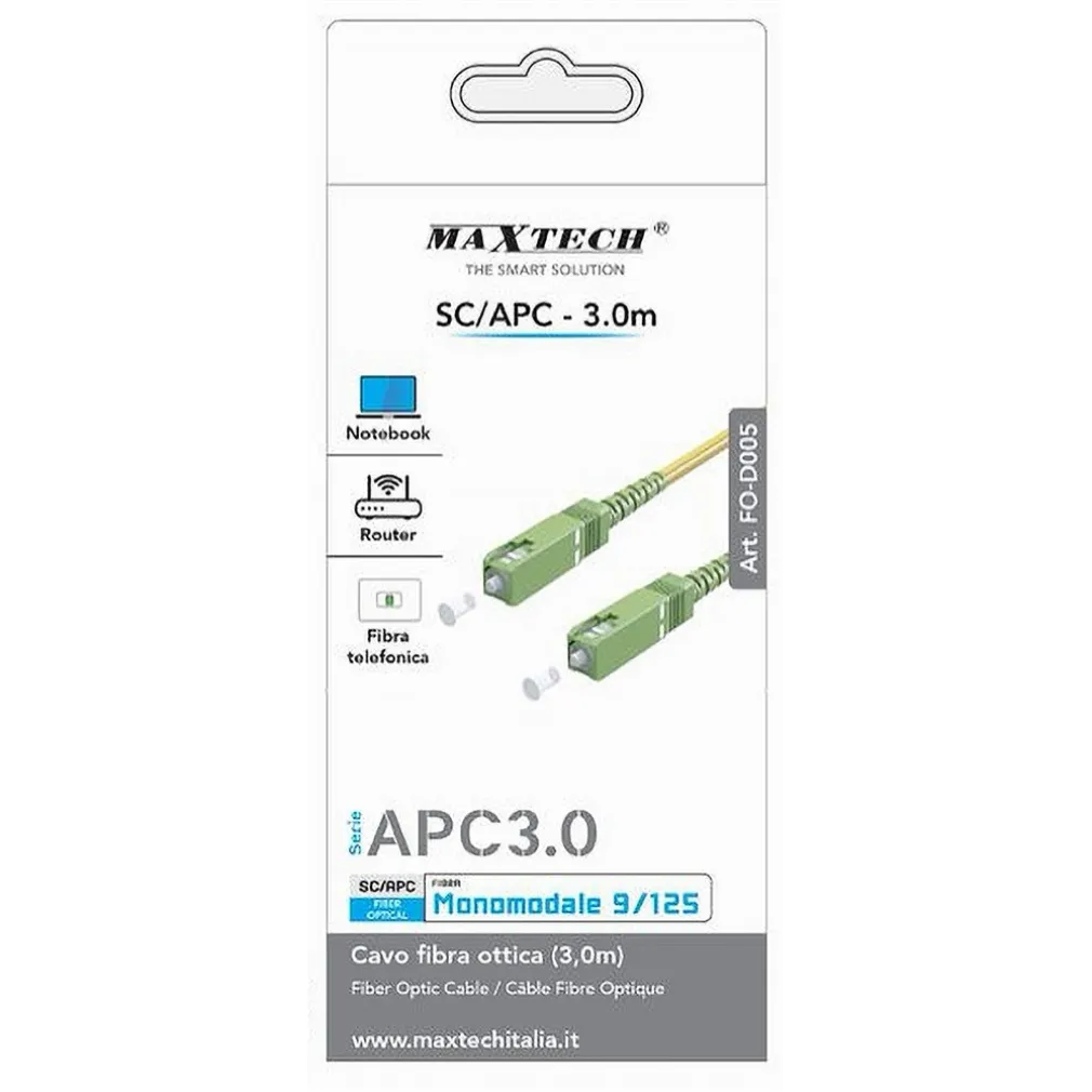 CAVO FIBRA OTTICA MONOMODALE 9/125 SC-APC 3 MT PER ROUTER NOTEBOOK FO-D005-3.0M