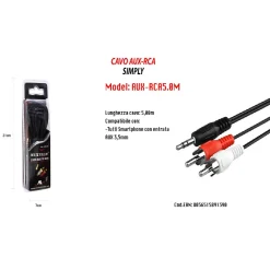 CAVO 5M AUDIO DA JACK 3,5MM AUX A 2 RCA MASCHIO DOPPIO Y STEREO 5 MT AUX-R5.0M