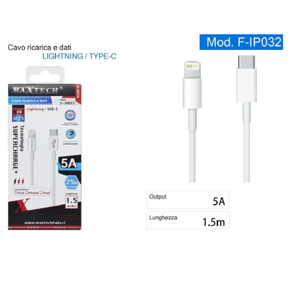 CAVO RICARICA DATI LIGHTNING A TYPE-C 5A 1.5 METRI CARICA RAPIDA IPHONE F-IP032