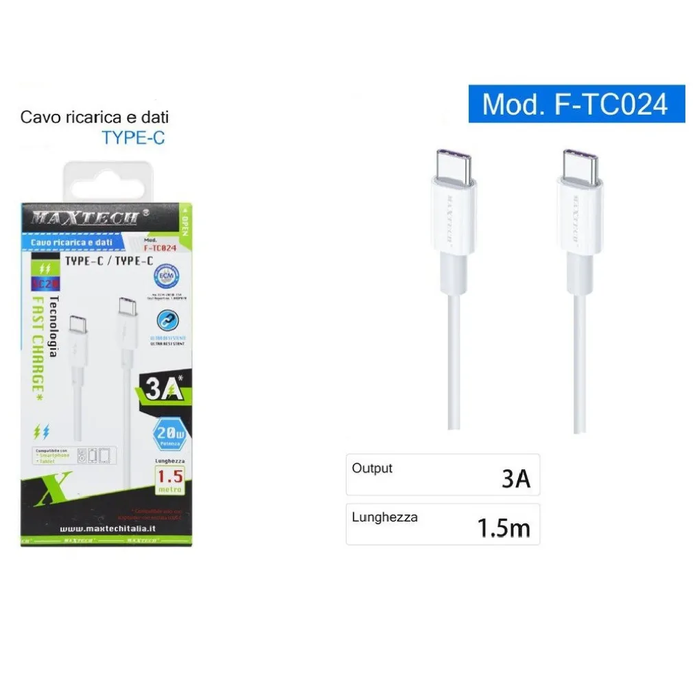 CAVO TYPE C A TYPE-C DATI E RICARICA VELOCE PER SMARTPHONE 1.5 METRI 3A F-TC024