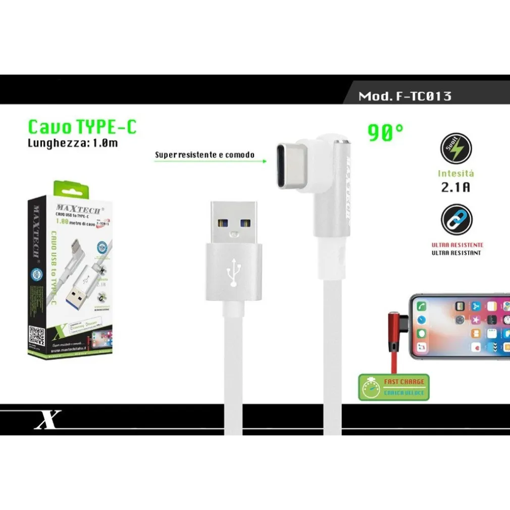 CAVO TYPE-C 90° USB 2.1A RICARICA DATI COMPATIBILE CON HUAWEI 1MT MAXTECH F-TC013