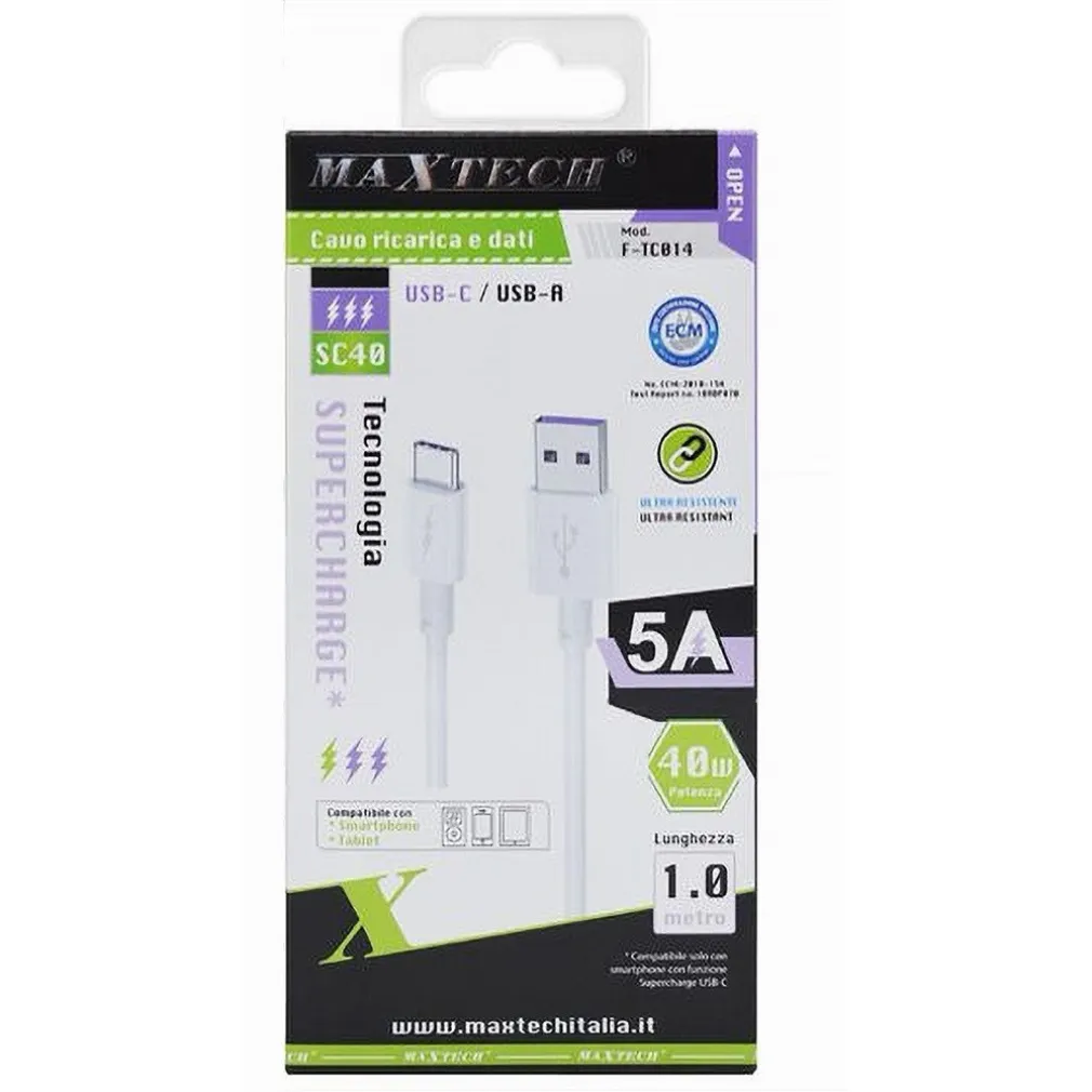 CAVO TYPE-C 1MT SUPERCHARGE RICARICA RAPIDA 5A DATI SMARTPHONE MAXTECH F-TC014