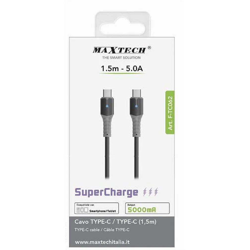 CAVO TYPE-C/TYPE-C SUPER RICARICA VELOCE 5A 1.5 MT PER SMARTPHONE TABLET F-TC062