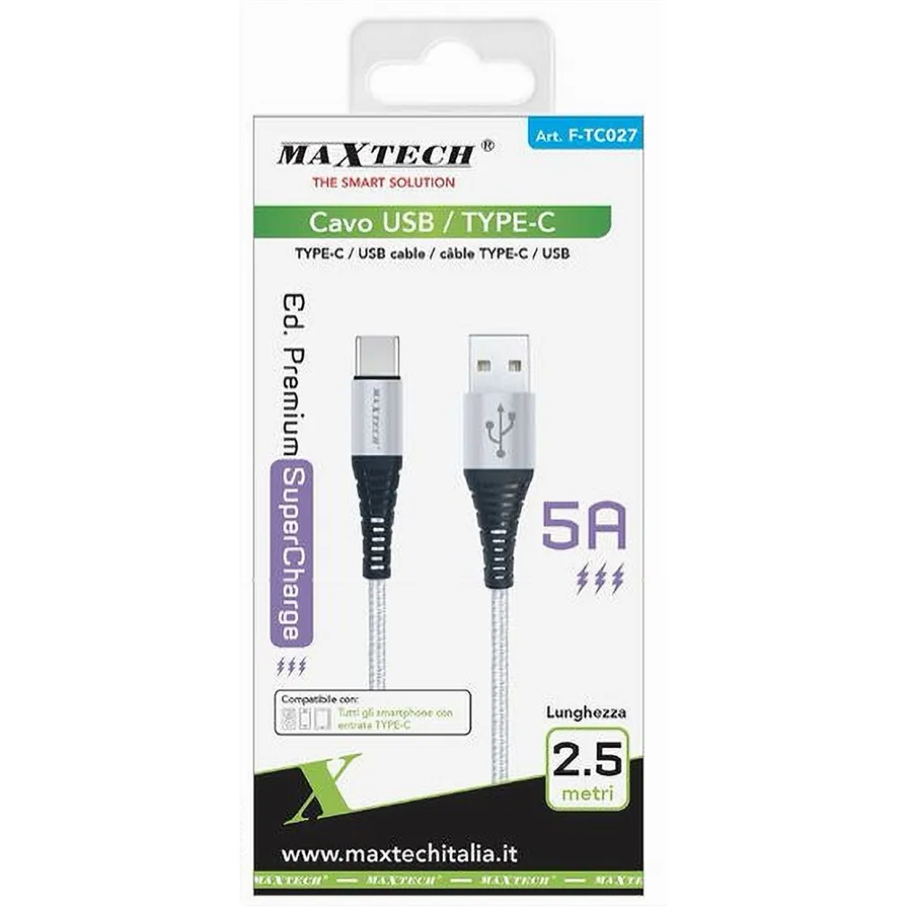CAVO USB / TYPE-C 5 A 2.5 METRI TRASMISSIONE DATI SUPER RICARICA RAPIDA F-TC027