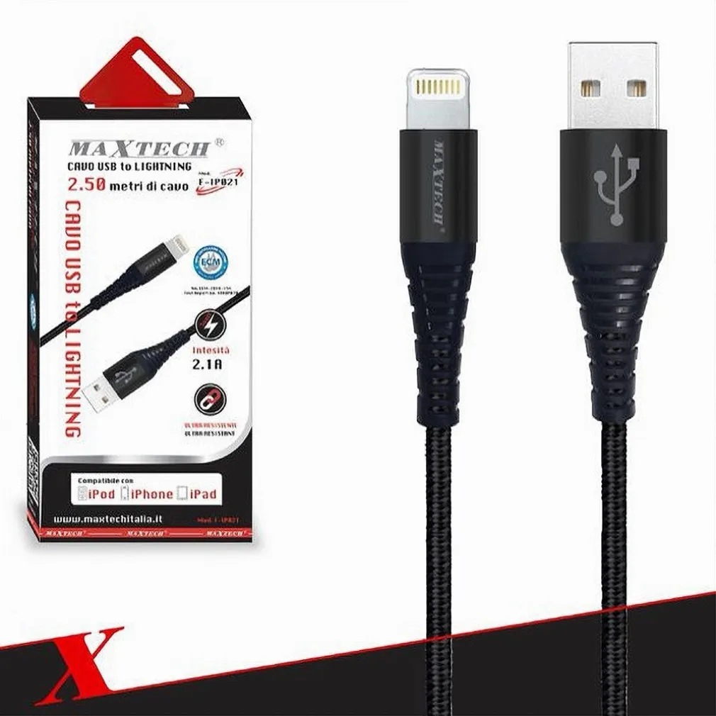 CAVO USB A LIGHTNING PER SMARTPHONE 2.1A 2.5MT TRASMISSIONE DATI MAXTECH F-IP021
