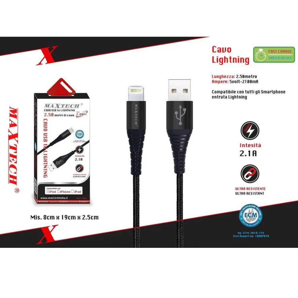 CAVO USB A LIGHTNING PER SMARTPHONE 2.1A 2.5MT TRASMISSIONE DATI MAXTECH F-IP021