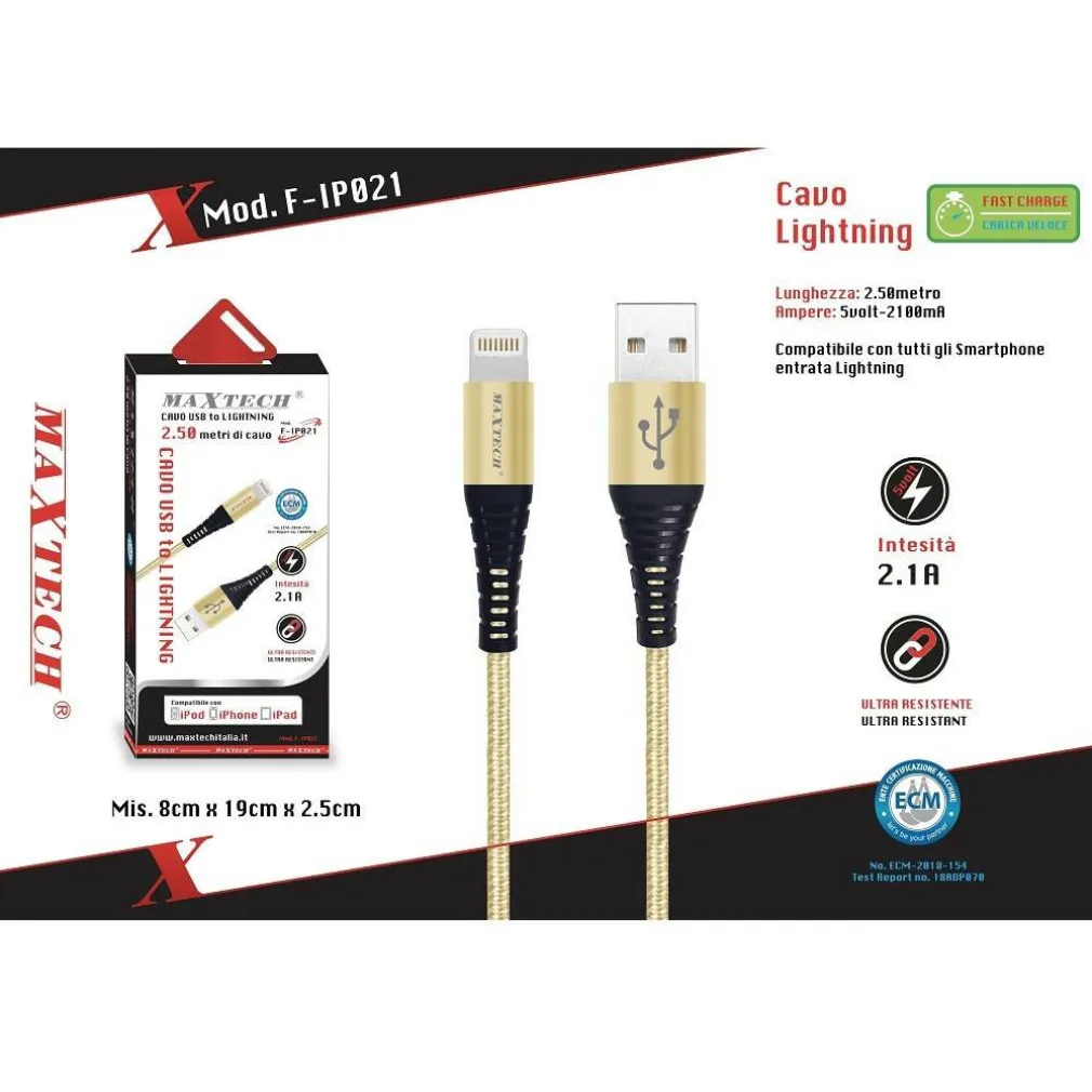 CAVO USB A LIGHTNING PER SMARTPHONE 2.1A 2.5MT TRASMISSIONE DATI MAXTECH F-IP021